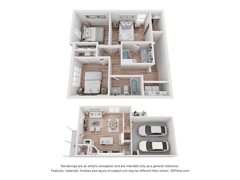 Floor plan for 3 beds, 2.5 baths, 1261 sqft